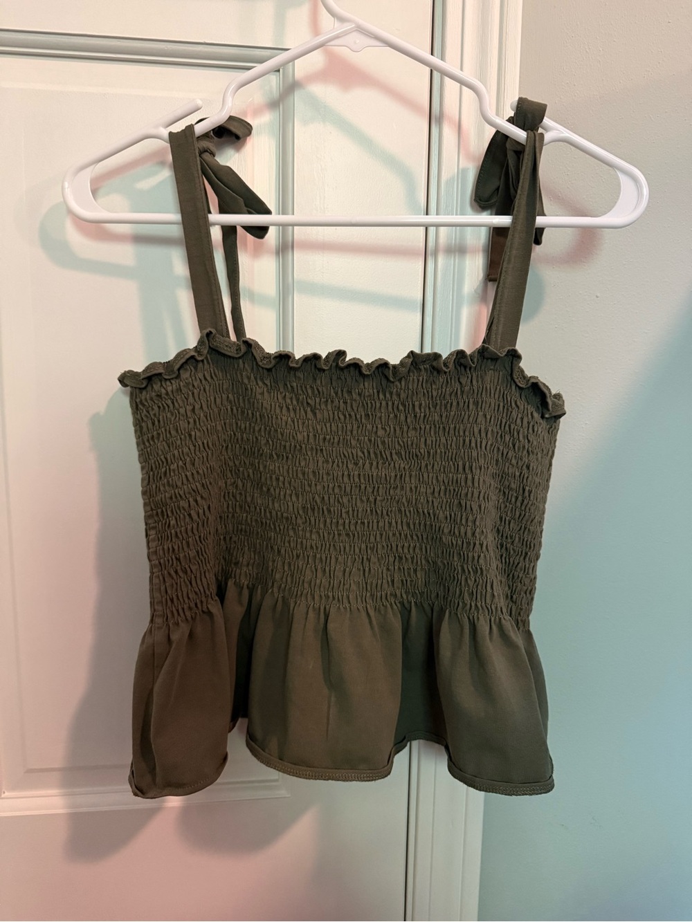 H&M Olive Tie-Shoulder Smocked Peplum Camisole